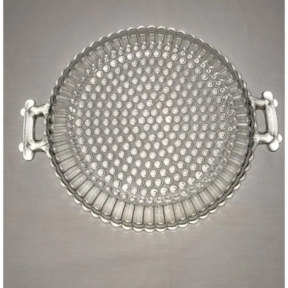 VTG Hobnail Jeannette Glass Clear Round Depression Serving Tray w/Handles 9.5